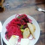 American Spaghetti with Peer Ricotta and Beet Appetizer