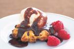 American Waffles With Hot Chocolate and Hazelnut Sauce Recipe Dessert
