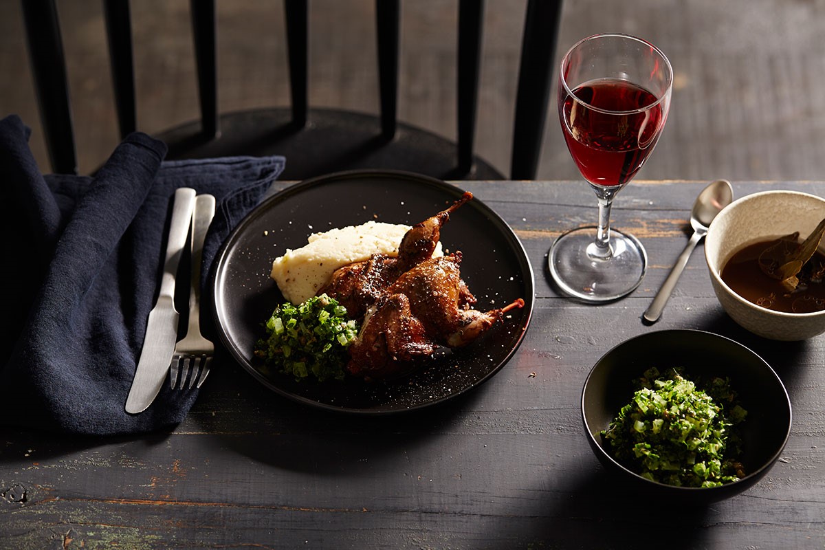 American Pickled Quail with Celery Salsa Verde Appetizer