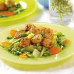 American Harissa Spiced Scallops with Spring Vegetables Appetizer