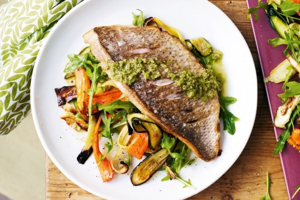 American Snapper With Olive Dressing and Roasted Zucchini Salad Recipe Appetizer