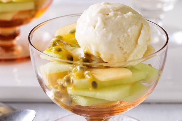 American Lowfat Coconut Icecream With Passionfruit And Melon Salad Recipe Dessert