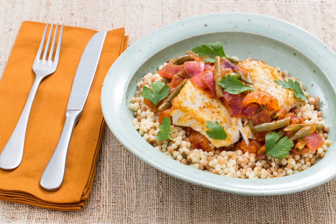 American Seared Cod and Fregola Sarda Appetizer