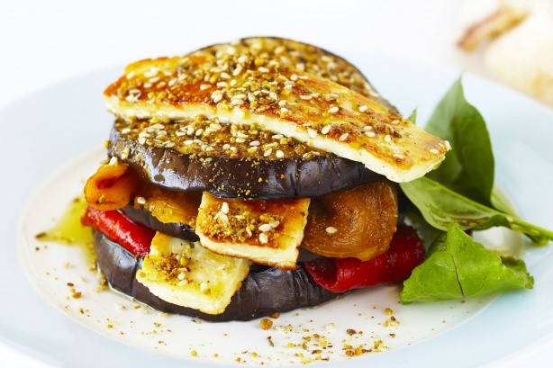 American Eggplant Capsicum and Haloumi Stacks Recipe Appetizer