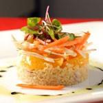 Canadian Quinoa Avocado and Sweet Potato Timbale With Roasted Tomatillo Dressing Appetizer