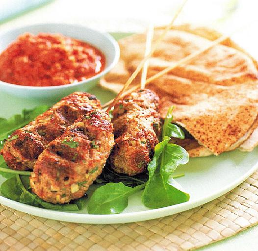 Greek Chicken Kofta with Red Pepper Walnut Sauce Dinner