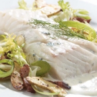 Swedish Blue Cheese Poached Halibut Dinner