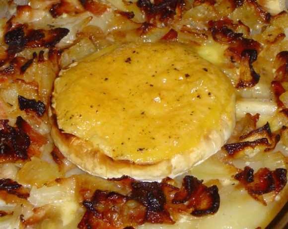 French Molten French Camembert Potato Gratin With Bacon and Onions Appetizer