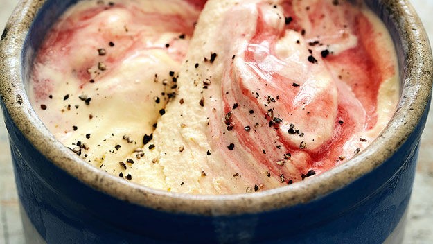 British Black Pepper and Strawberry Ripple Icecream Sundae Appetizer