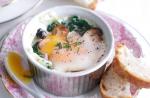British Baked Eggs with Spinach and Mushrooms Breakfast