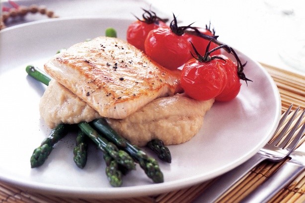 American Salmon With Garlic Bean Puree Asparagus and Tomatoes Recipe Appetizer