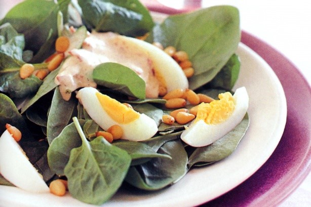 American Spinach and Pine Nut Salad With Creamy Bacon Dressing Recipe Appetizer