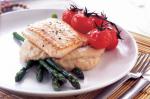 American Salmon With Garlic Bean Puree Asparagus and Tomatoes Recipe Appetizer