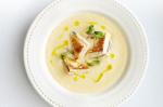 American Cauliflower Soup With Blue Cheese And Ham Sandwich Croutons Recipe Appetizer