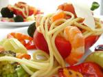 American Personilized Pasta With Roasted Veggies and Shrimp Appetizer