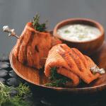 American Salmon Spirals with Cucumber Sauce Appetizer