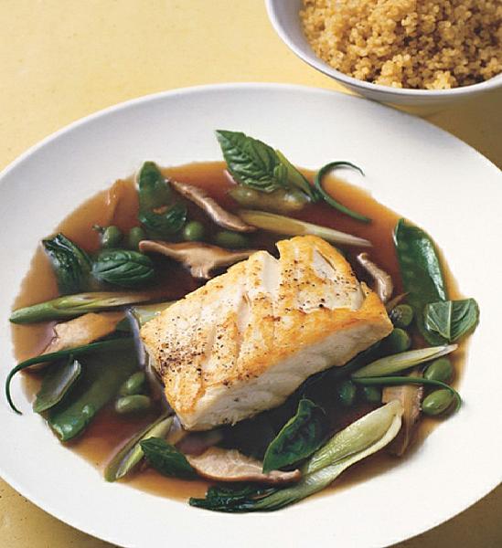 Macedonian Halibut in Green-tea Broth with Quinoa Dinner