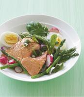American Poached Salmon with Asparagus Herbs and Baby Greens Appetizer