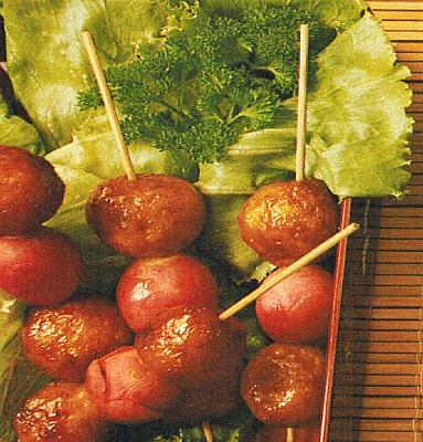 Singaporean Skewered Chicken Meatballs with Radishes Appetizer